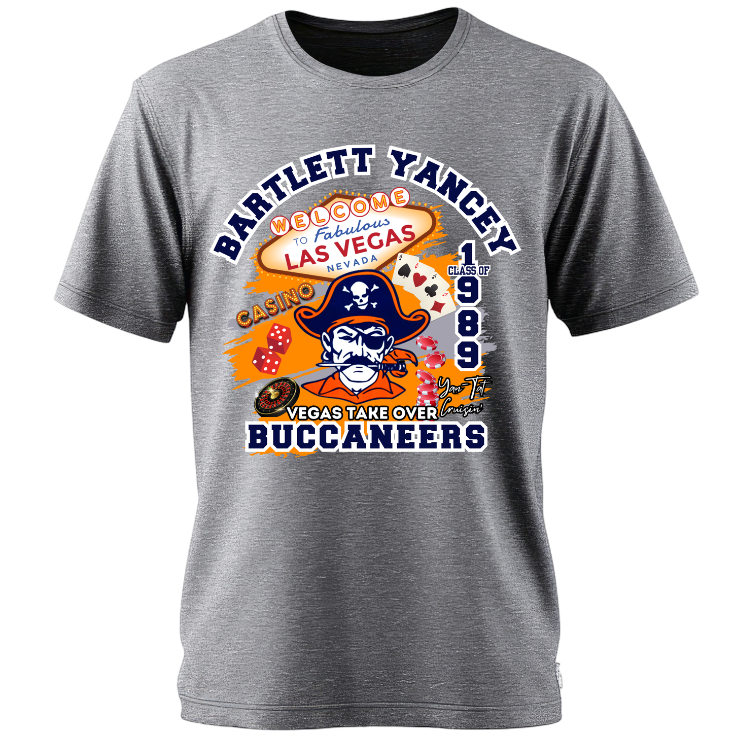 A heather gray crewneck t-shirt featuring a colorful graphic print on the front. The graphic includes the text 'Bartlett Yancey Welcome to Fabulous Las Vegas Nevada 1989' in blue and orange lettering, alongside a cartoon pirate mascot and casino-themed illustrations.