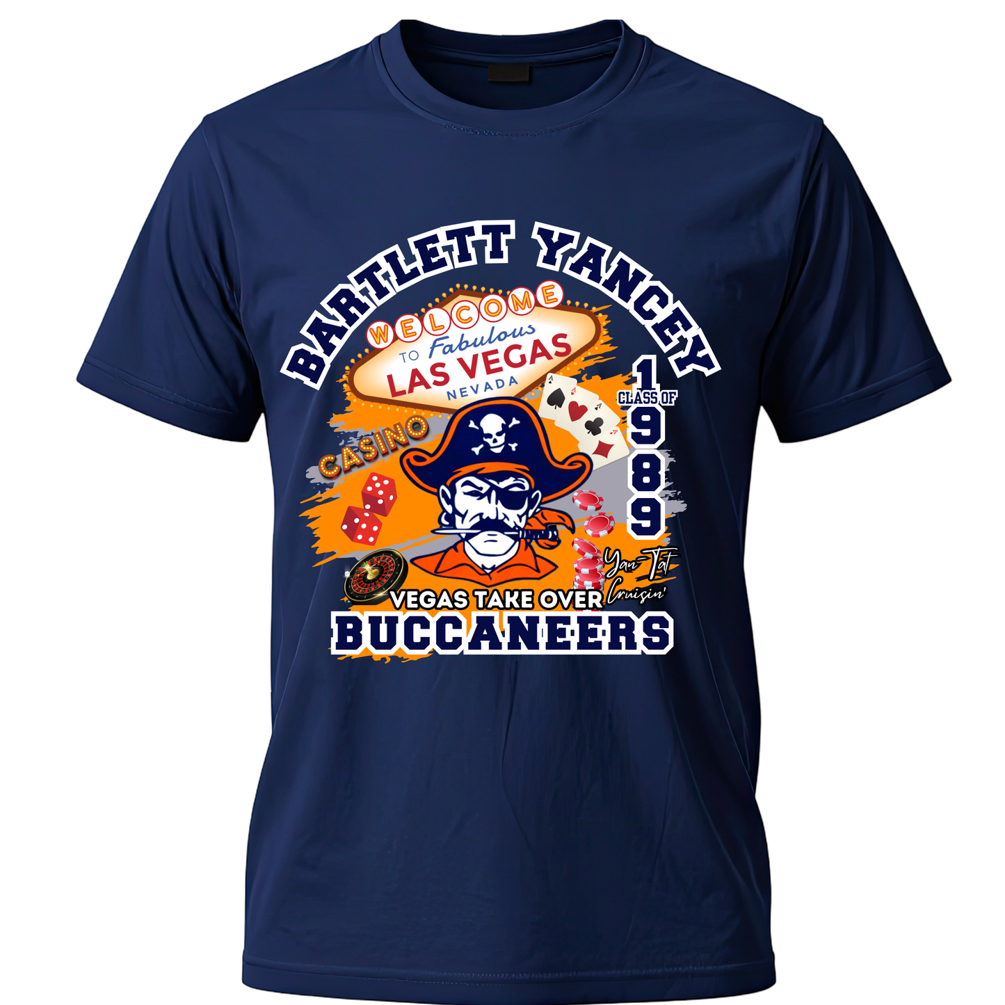 A navy blue short-sleeve t-shirt with a colorful graphic print on the front. The graphic features a pirate mascot wearing a black hat and sunglasses, with text reading 'Bartlett Yancey', 'Welcome to Fabulous Las Vegas Nevada', '1989', 'Vegas Take Over', and 'Buccaneers'.
