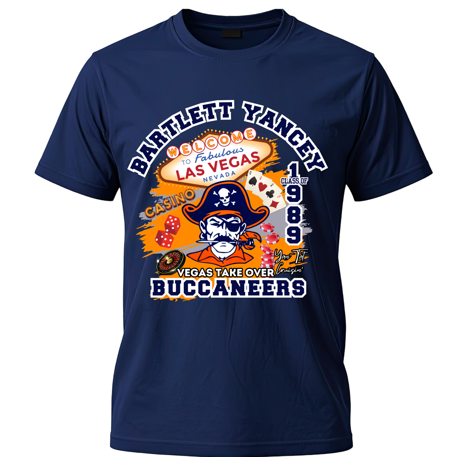 A navy blue short-sleeve t-shirt with a colorful graphic print on the front. The graphic features a pirate mascot wearing a black hat and sunglasses, with text reading 'Bartlett Yancey', 'Welcome to Fabulous Las Vegas Nevada', '1989', 'Vegas Take Over', and 'Buccaneers'.