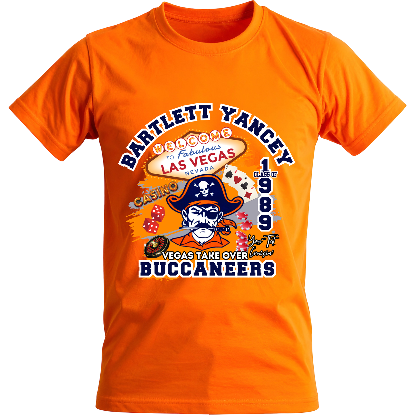 An orange short-sleeve crewneck t-shirt featuring a colorful graphic print on the front. The graphic includes a cartoon pirate wearing a black hat and sunglasses, playing a harmonica, with text reading 'PARTLETT YANCEY', 'WELCOME TO Fabulous LAS VEGAS', 'CASINO', '1989', 'VEGAS TAKE OVER', and 'BUCCANEERS'.