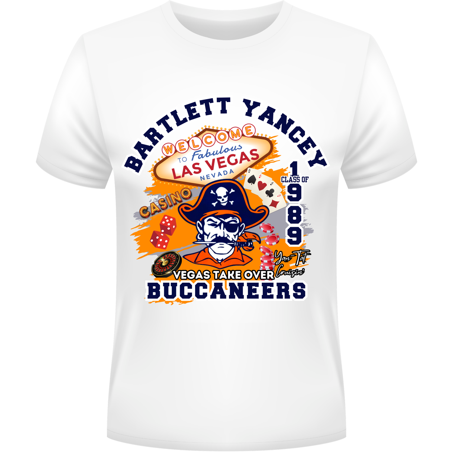 A white short-sleeve crewneck t-shirt featuring a colorful graphic print on the front. The graphic is themed around Bartlett Yancey and the Las Vegas Buccaneers, with a pirate mascot, the words 'Welcome to Fabulous Las Vegas Nevada', 'Casino', and 'Vegas Take Over Buccaneers', along with the year '1989'.